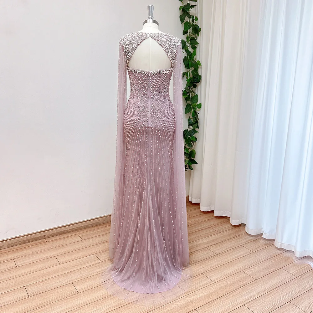Elegant Mermaid Beads Evening Dress for Women with Cape Sleeves 2025 Luxury Dubai Long Formal Prom Wedding Party Gown Customized 3