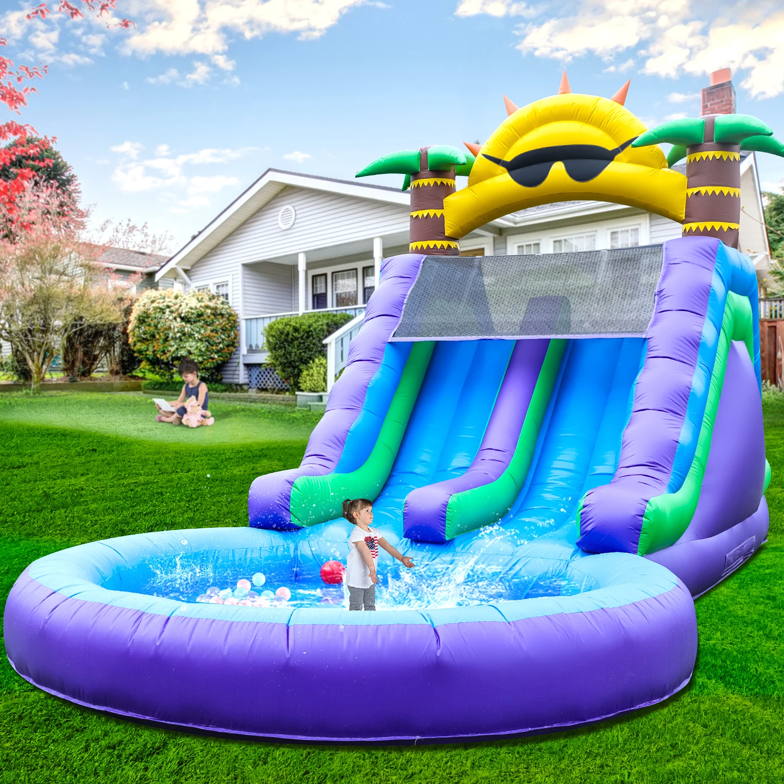 Kids & Adult Inflatable Water Park, Inflatable Double Slide and Splash Pool, Great, with Blower, Climbing Wall, Splash Pool