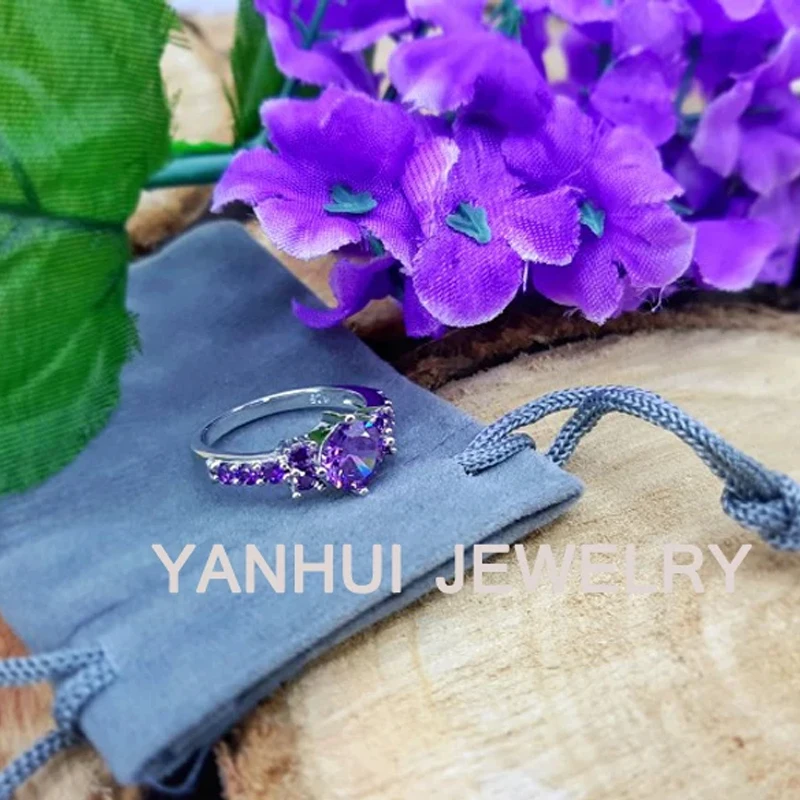 YANHUI Wedding Rings For Women Pure White Gold Color Original Tibetan Silver Simulated Amethyst Gift Jewelry
