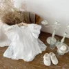 2025 Summer Baby Girls Romper Cotton Lace Ruffle Embroidery Flying Sleeve Mesh Princess Toddler Girl Dress Infant Girls Bodysuit 1