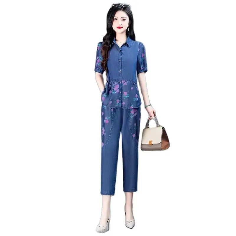 

Ladies Denim Professional Suit Summer New Women Jacket Cowboy Seven Points Pants 2PCS Fashion Printing Cowgirl Two-Piece Suit