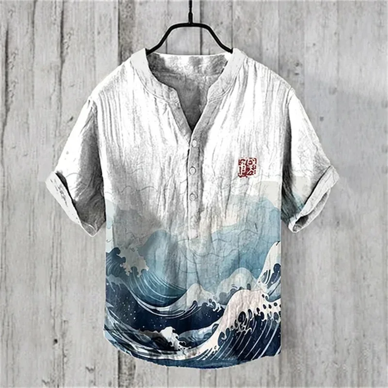 Men Summer V-neck Short Sleeve T-shirt Casual Print Linen Blended Shirt