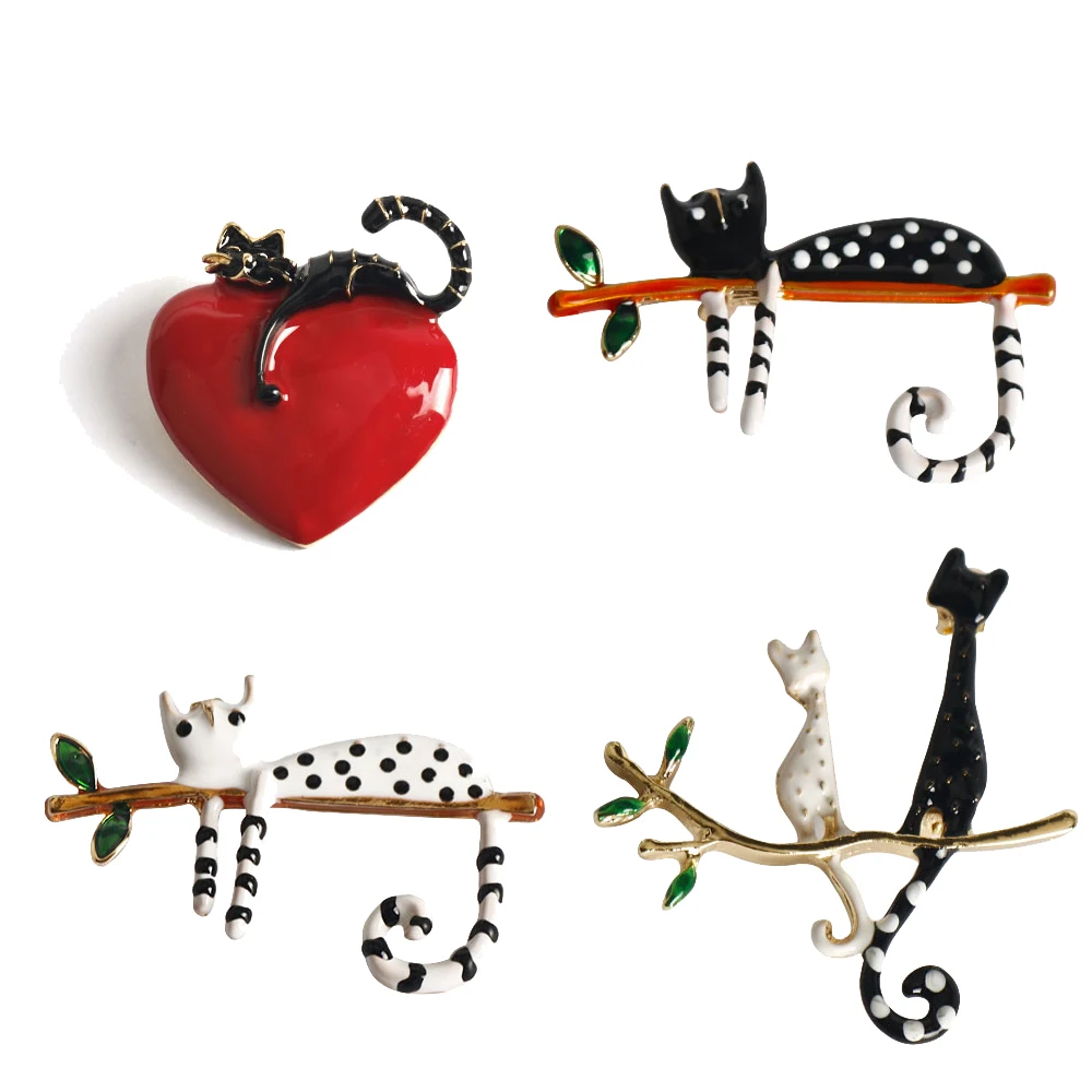 Creative Lazy Dot Cat Lying On branches Enamel Brooch Pins Kawaii Red Love Heart Pattern Badge Corsage Lapel Pin Accessories Gift