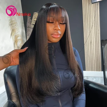 Bone Straight Human Hair Wig With Bangs For Women 30 Inch Brazilian 3x1 Lace Wigs Glueless Wig Human Hair Natural Black Color 1