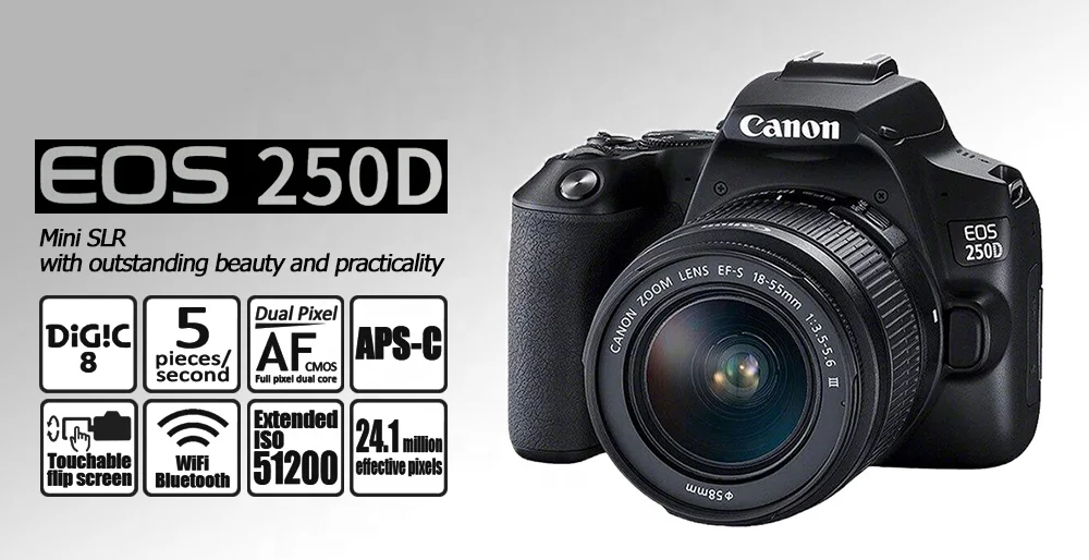 YYHC-250D APS-C SLR 디지털 카메라, 4K HD 카메라, EF-S 18-55mm 1:3.5-5.6 III 렌즈
