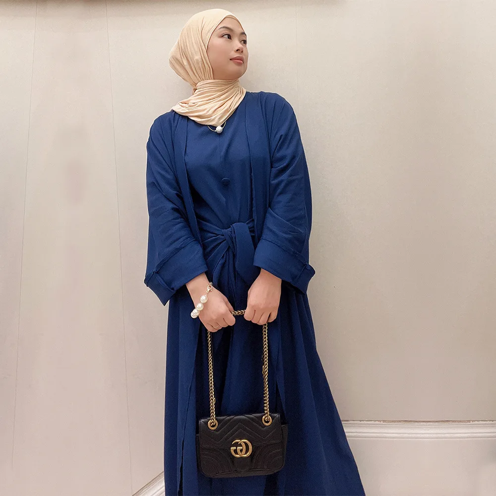3 Piece Matching Muslim Sets Hijab Dress SolidColor Eid Abayas for Women Dubai Open Abaya Turkey Wrap Skirt African Islam Outfit