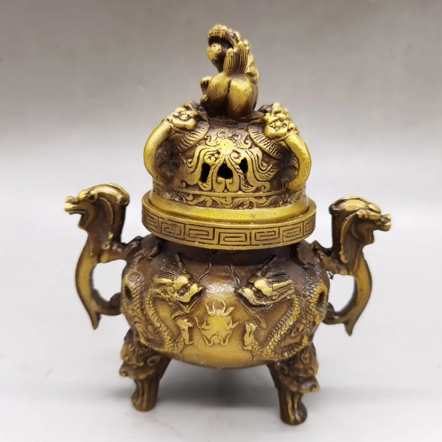 

China Collect Copper Sculpture Brass Dragon SandalWood Incense Burner Metal Crafts Home Decoration