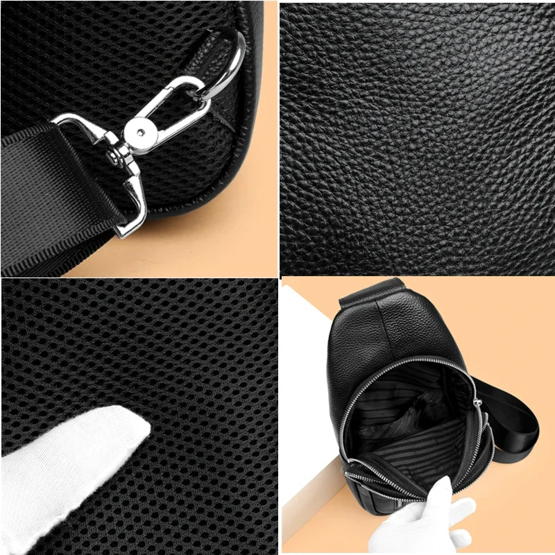 Genuine Leather Men Chest Bag Shoulder Bag Cowhide Purse Casual Sports Crossbody Bag