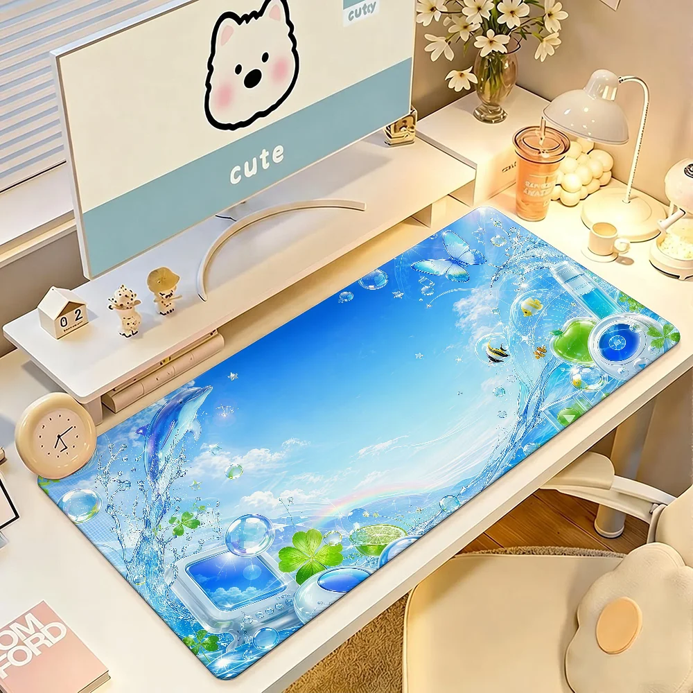 Blue Sea Dolphin Rainbow Print Gaming Mouse Pad - Large, Anti-Slip with Stitched Edges