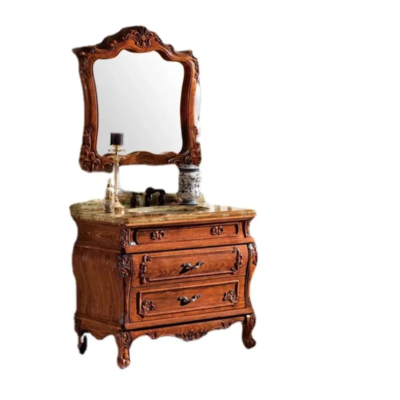 ~Solid wood European style bathroom cabinet double basin antique bathroom cabinet oak floor combination washbasin floor