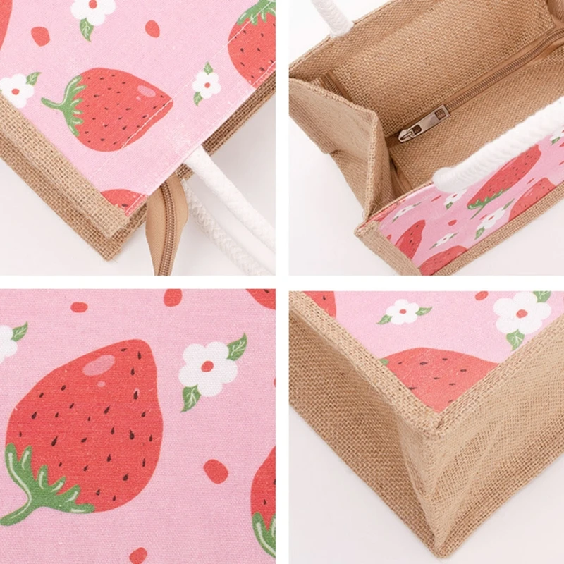 Fruit Printing Burlap Jute Tote Bags with Handles Wedding Bridesmaid Gift Bags Art Crafts Summer Beach Shopping Handbag Reusable