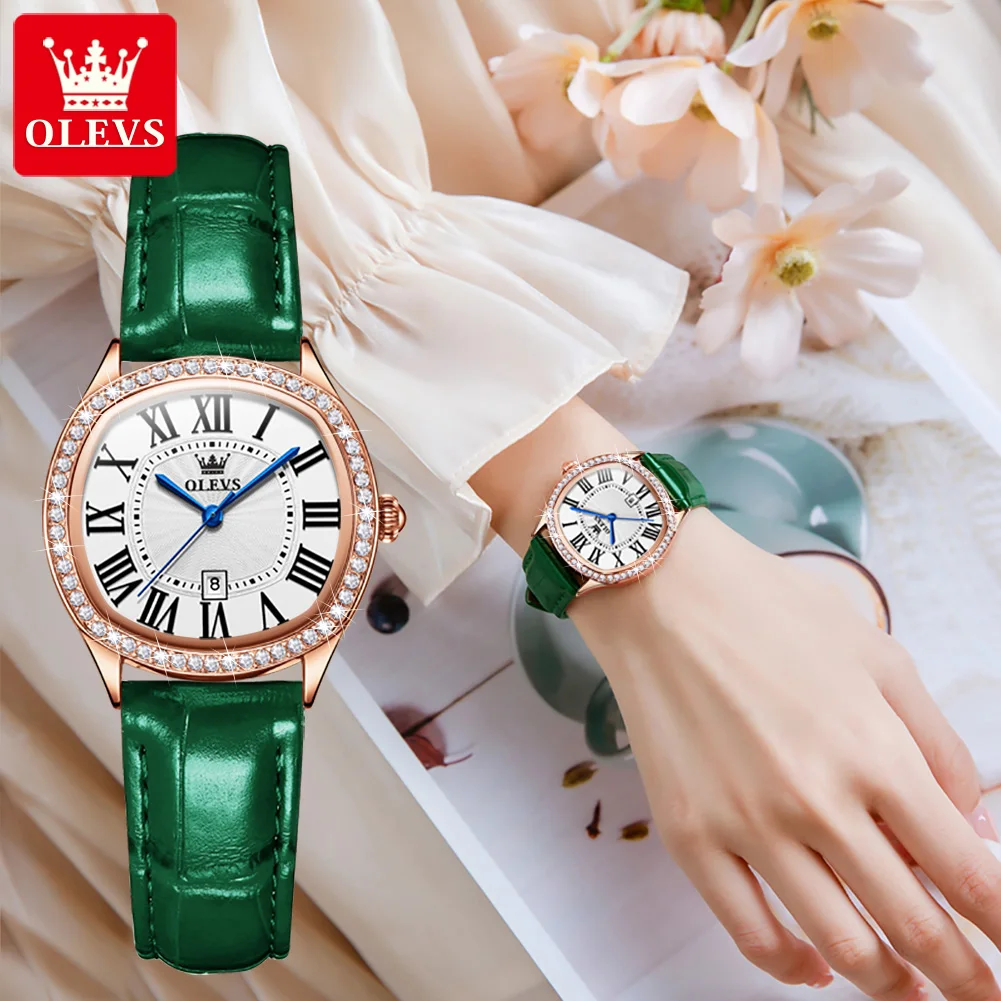 OLEVS Quartz Watch for Women Luxury Roman Dial Leather Strap Waterproof Fashion Ladies Wristwatch Bracelet Gift Set Reloj Mujer