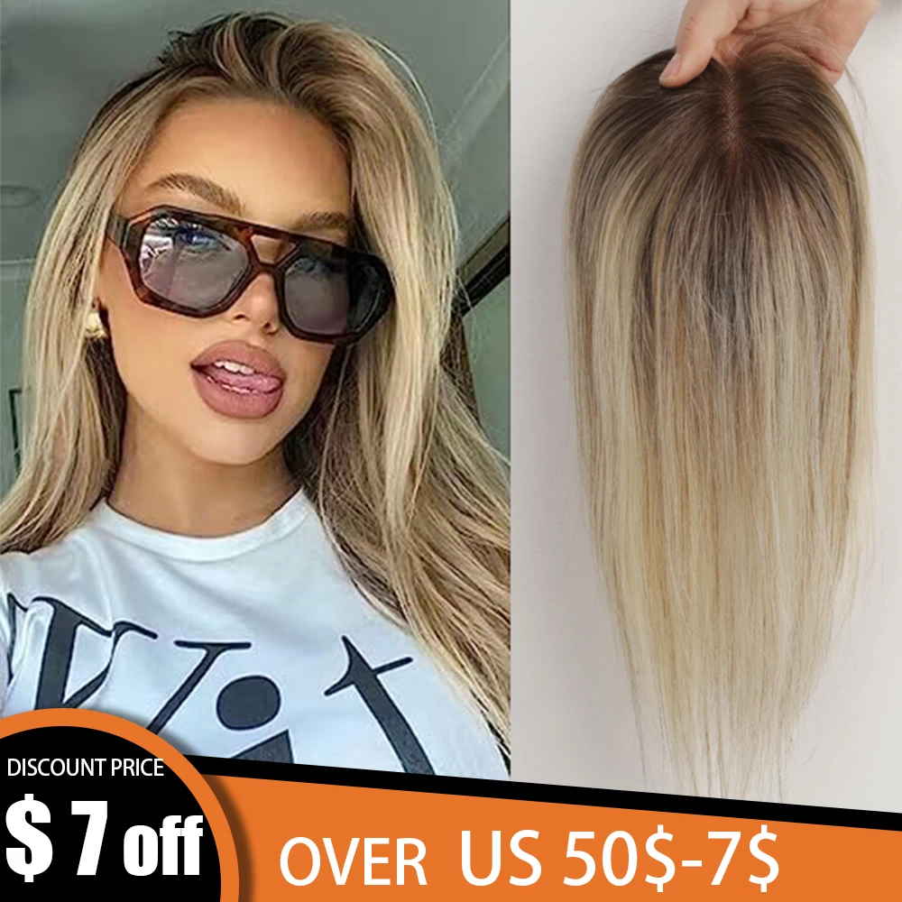 100% Remy Human Hair Toppers Ombre Light Brown Blonde Middle Part Human Hair Pieces for Women with Thinning Clip in Toppers