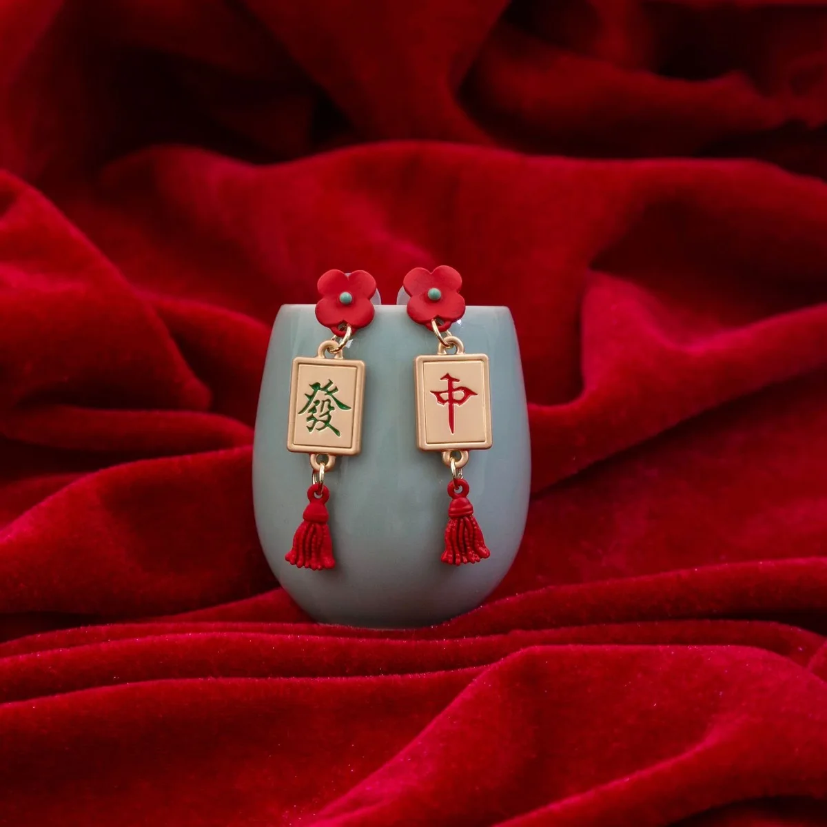 2024 New Design Mahjong Earrings for Women Golden Red Color Fashion Jewelry New Year Make A Fortune Lucky Gifts Charm Earring 6