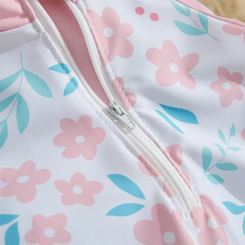 MISOWMNJOY Floral Print Kids Baby Girls Swimsuits Summer Kids Beachwear Long Sleeve Ruffle Bathing Suit Infant Swimwear with Cap 4