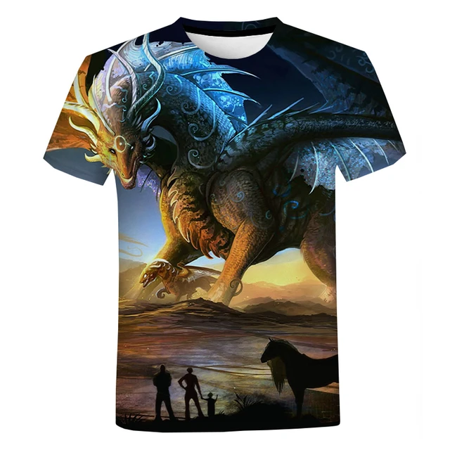 Camiseta gigante dragão azul com gola redonda masculina, tops estilo  moderno, jogo da Quest, algodão puro - AliExpress