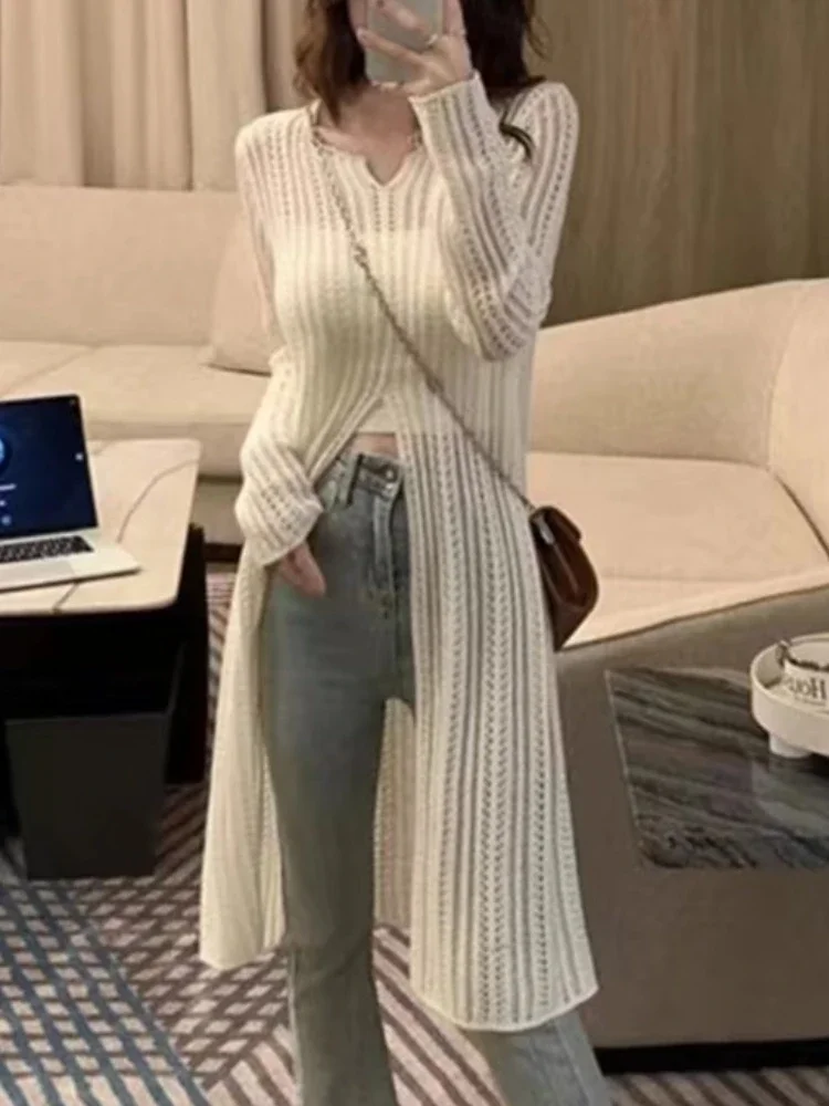 New V-neck Medium and Long Women's Long-sleeved Knitted Sweater Fashionable Hollow Solid Color Knitwear Casual Slim-fit Blouse