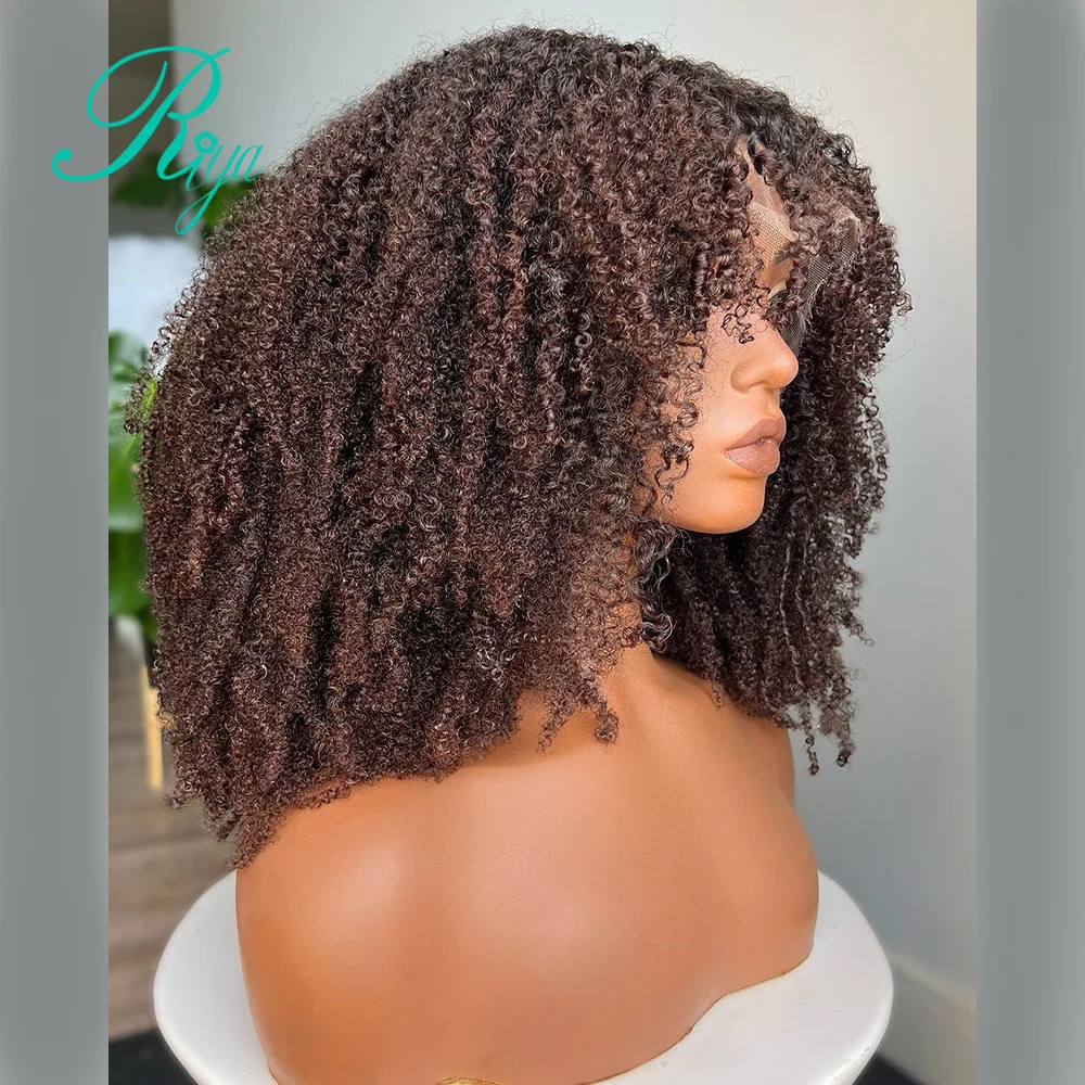 Afro Kinky Curly Brown 360 Full Lace Wig Short Bob Cut Wig with Bang Remy Human Hair Wigs 4X4 Lace Closure 250% Remy