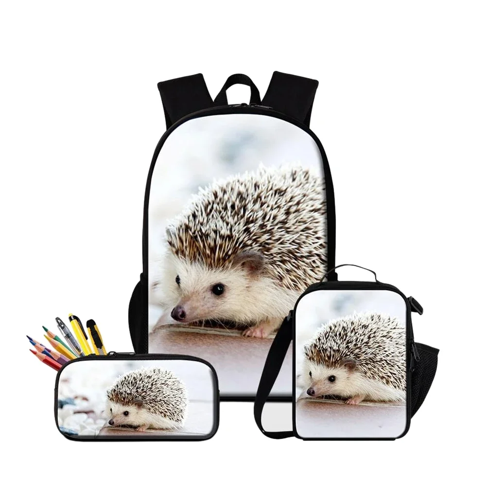 

3pcs/set Casual Cute Hedgehog Print Backpack Large Capacity Kid Primary School Backpack with Pencil Bag Lunchbox Student Bookbag
