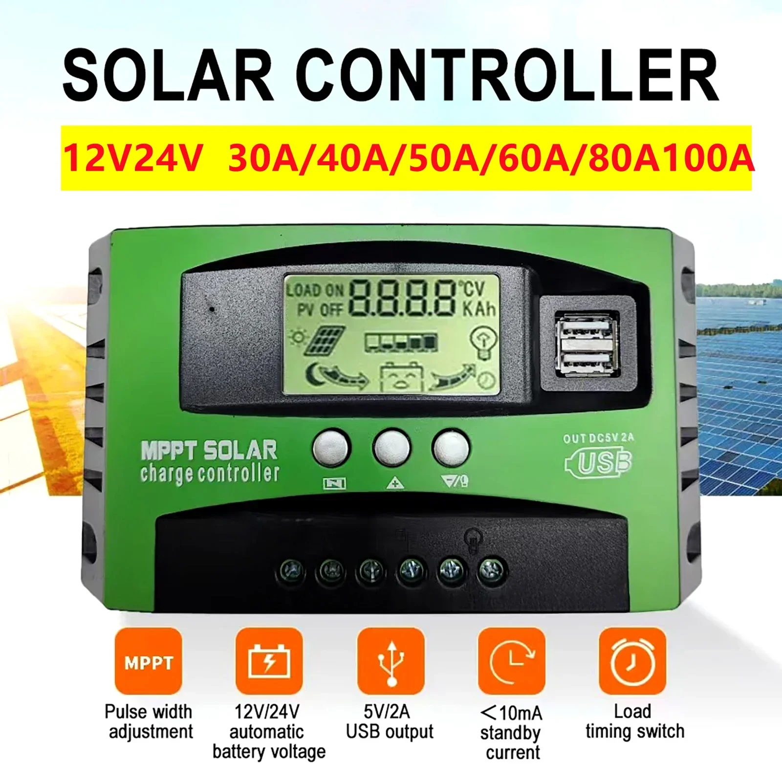 MPPT Solar Charge Controller 30A 40A 50A 60A 80A 100A Dual USB LCD Display 12V 24V Solar Cell Panel Charger Regulator with Load