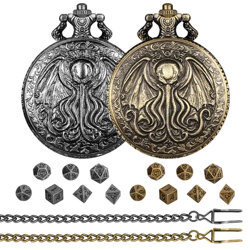 7 Teile/satz Mini Metall Polyedrische Würfel für Tisch Bord Rolle Spielen Spiel mit Retro Octopus Flügel Taschenuhr Fall Anhänger kette – Detail 1