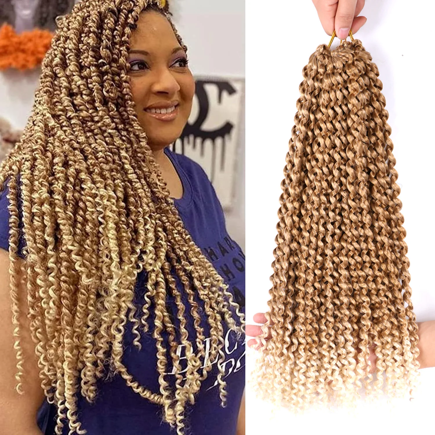 Ombre Blonde Passion Twist Hair 18 Inch 7 Packs Water Wave Crochet Hair Long Bohemian Curly Braiding Hair for Butterfly Locs