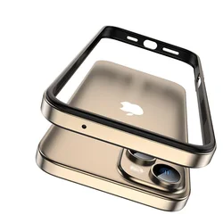 Ultra-Thin Aluminum Metal Frame Bumper Case with Hybrid Silicone Back for iPhone 14 Pro (Desert Gold BK Ping)