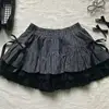 Mini skirt cute sexy high spring waist deep blue black patchwork color with bow lace-up Cool girl Spice skirt short skirt Y2K 1