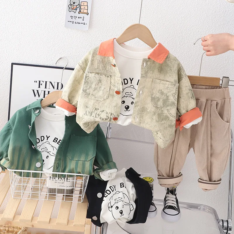 

2023 Korean Spring Children Boys 3PCS Clothes Set Denim Jacket Printed Bear Sweatshirt Corduroy Pants Suit Toddler Boy Outfit