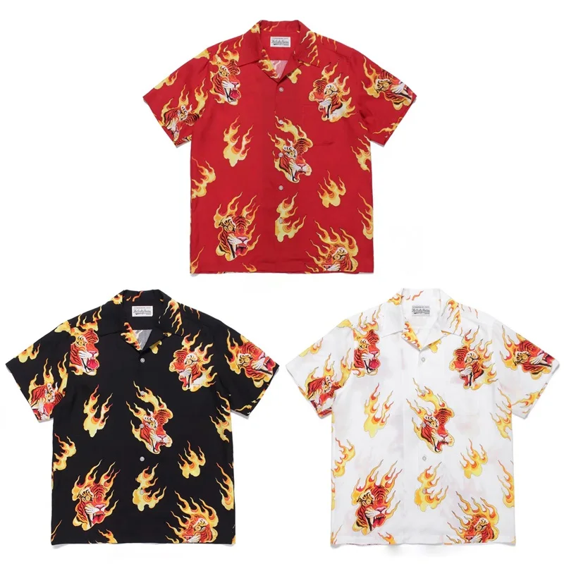 

New Flame Tiger Head Print WACKO MARIA Shirt 2023ss Summer Men Women Casual Short Sleeve Hawaiian Shirts Tops