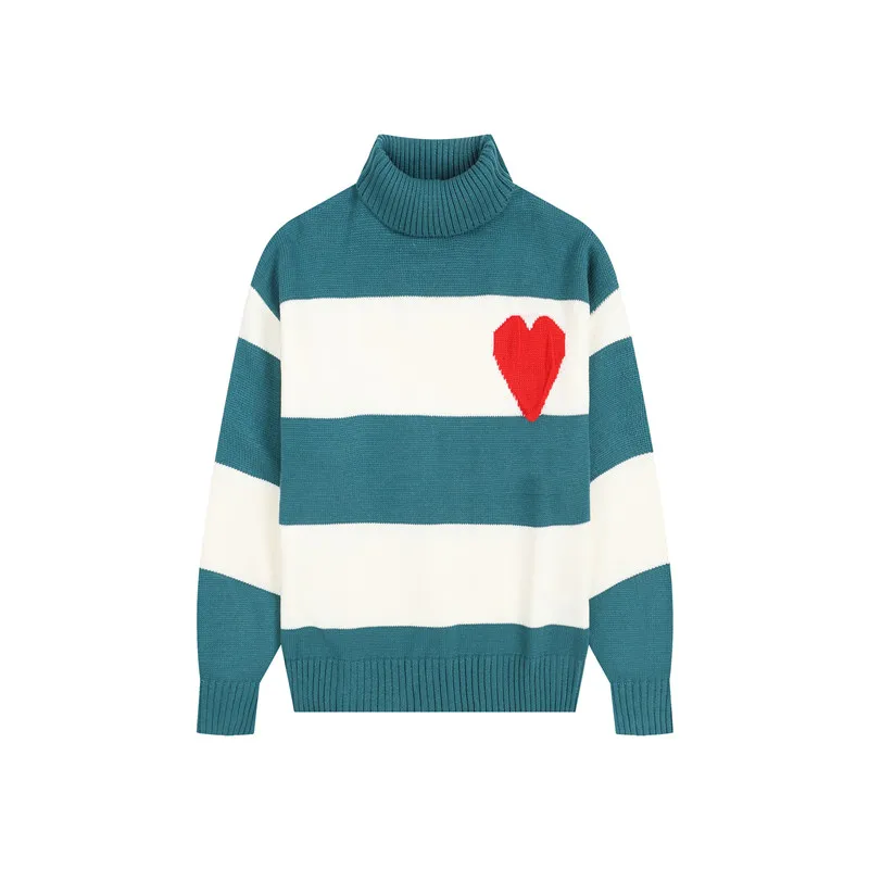 

Autumn Women Loose Long Sleeves High Collar Jersey Jumper Pullover Knitted Sweaters Heart-Shaped Knitwear Turtleneck Stripe Top