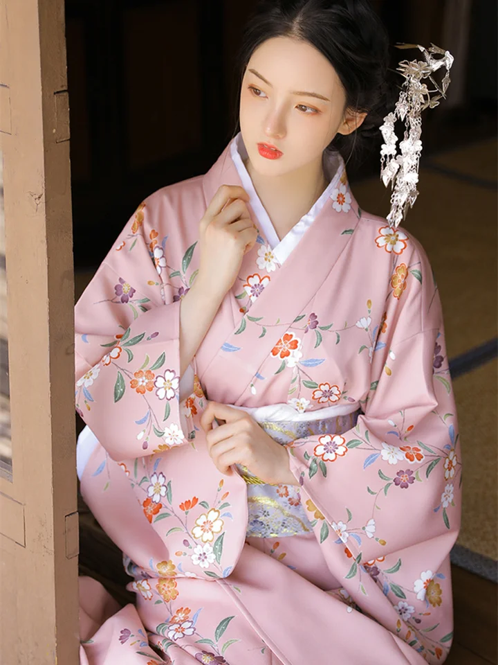 Japan Style Women's Long Dress Traditional Kimono Pink Color