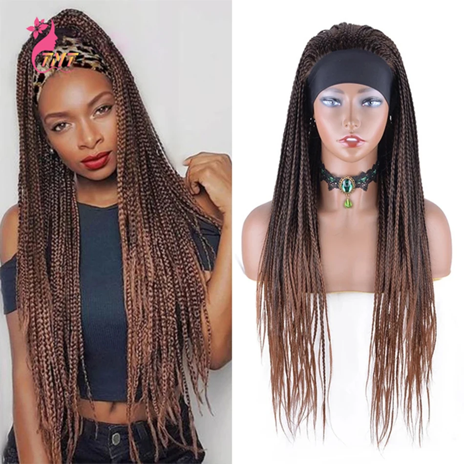 26 Inch Synthetic Headband Wigs Box Braided Wigs For Black Women Ombre Brown Blond Headband Wig Fake Scalp Heat Resistant Fiber synthetic hair wigs