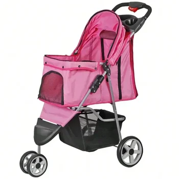 Foldable 3 Wheels Pet Stroller Dog Cat Cage Jogger Stroller with Cup Holder Pink 2