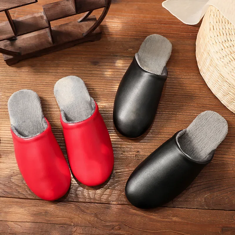 Waterproof Leather Slippers Men Cotton Home Shoes Fashion Winter Warmer Indoor Househ Non-slip Women House Couple Slippers Shoes