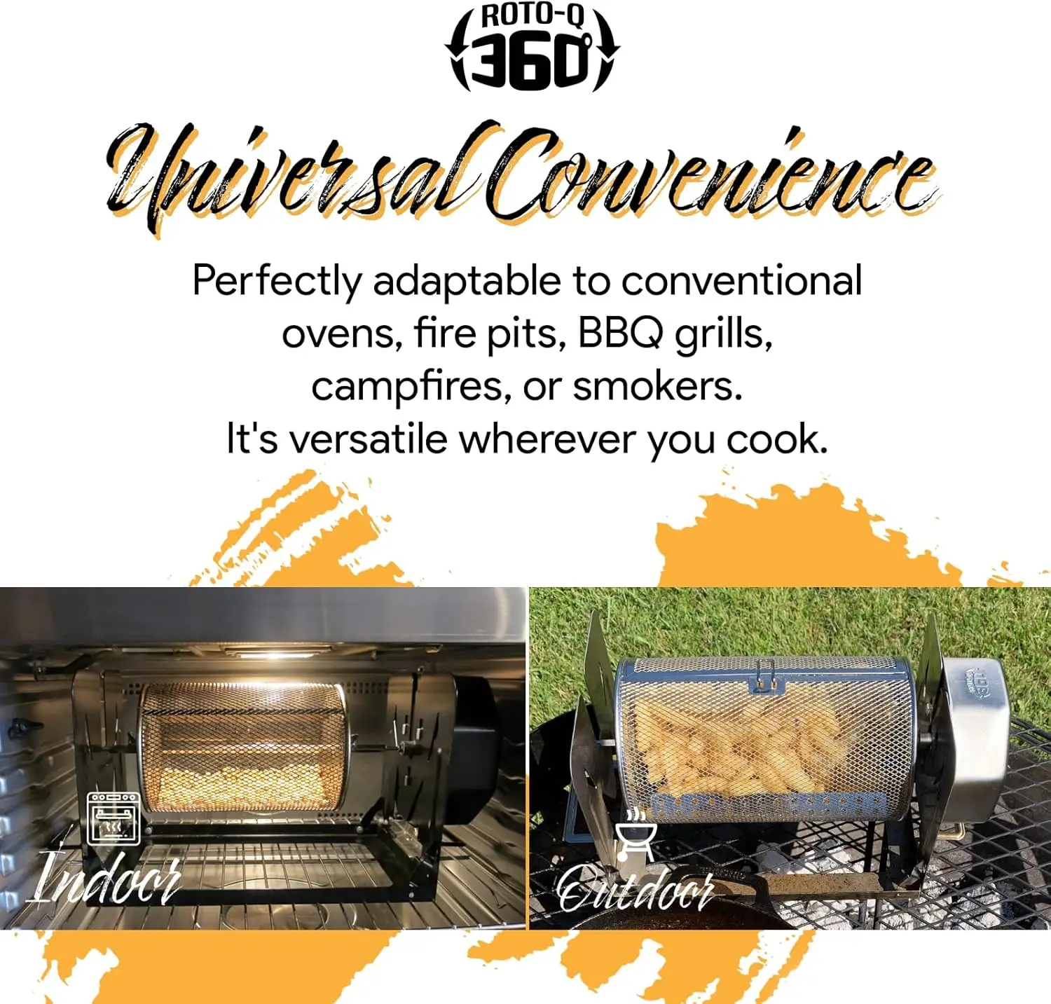 Rotisserie Kit w/Tumble Basket - Stainless Steel, Non-Electric - For Grills, Ovens, Smokers - Gas/Charcoal BBQ, 3