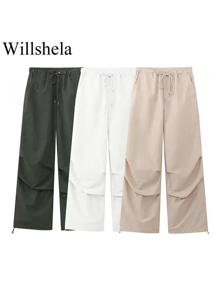 

Willshela женские модные однотонные плиссированные прямые брюки в винтажном стиле с высокой эластичной талией, длинные женские брюки