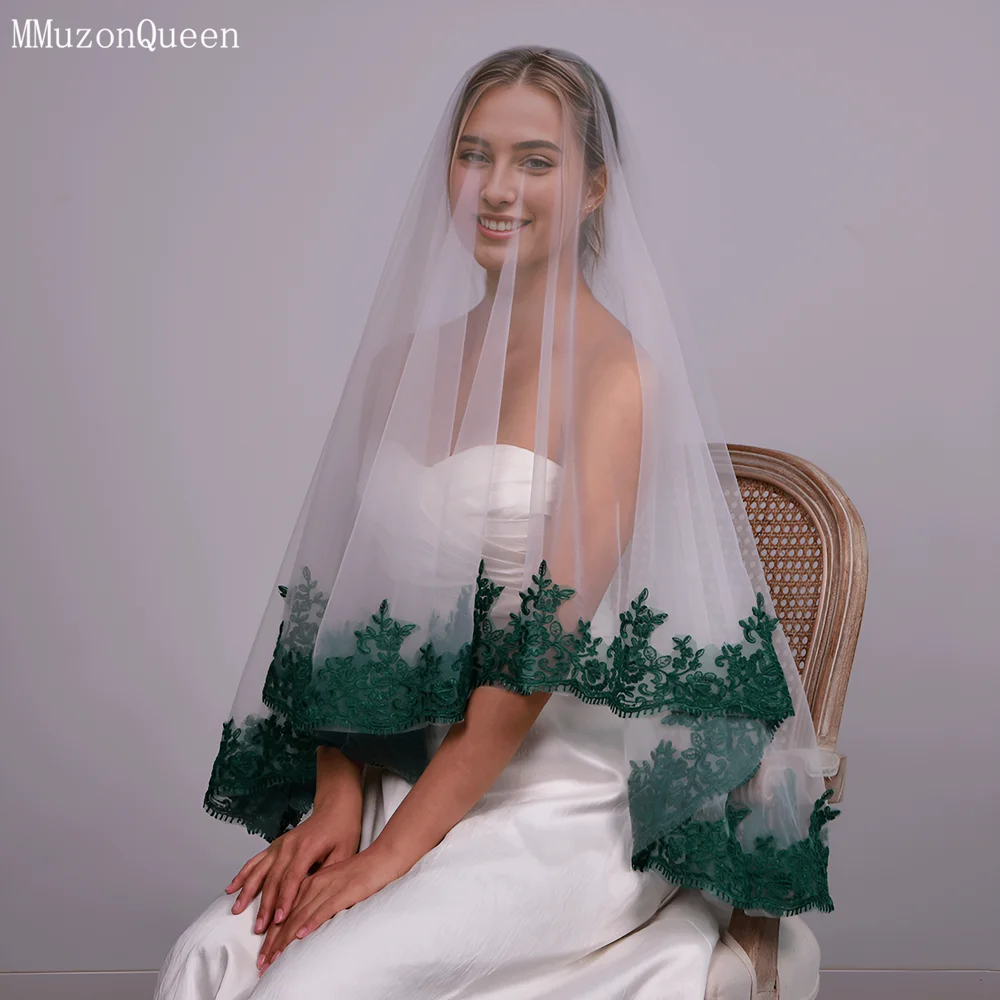MMQ M112 Bridal Veil Green Lace Edge Veil 1 Tier Solf Tulle Wedding Without Comb Bride Wedding Stuff