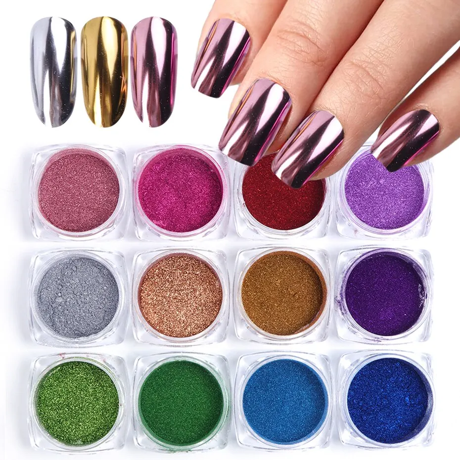 12 Colors Chrome Mirror Nail Powder Pigment Metallic Colorful Gold Silver Rubbing Dust Glitter Nail Art Decorations Manicure