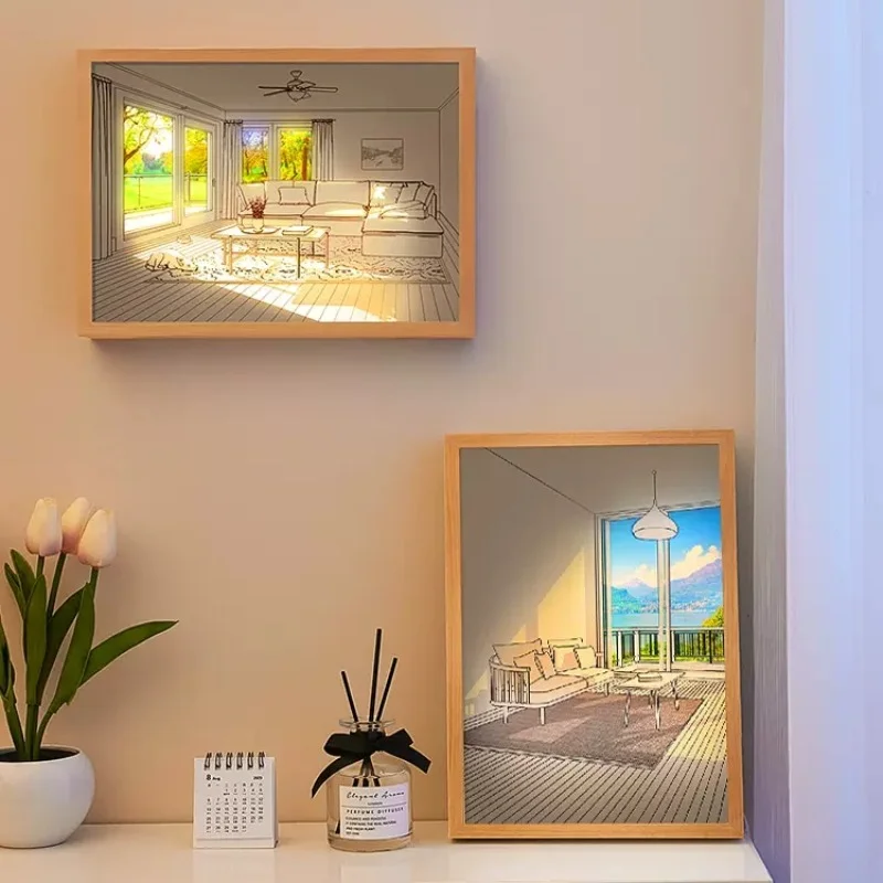 2023 INS Led Night Light Painting USB Plug Dimming Wall Artwork Table Lamp Gift Sunlight Window Wooden Photo Night Lamp Luminous
