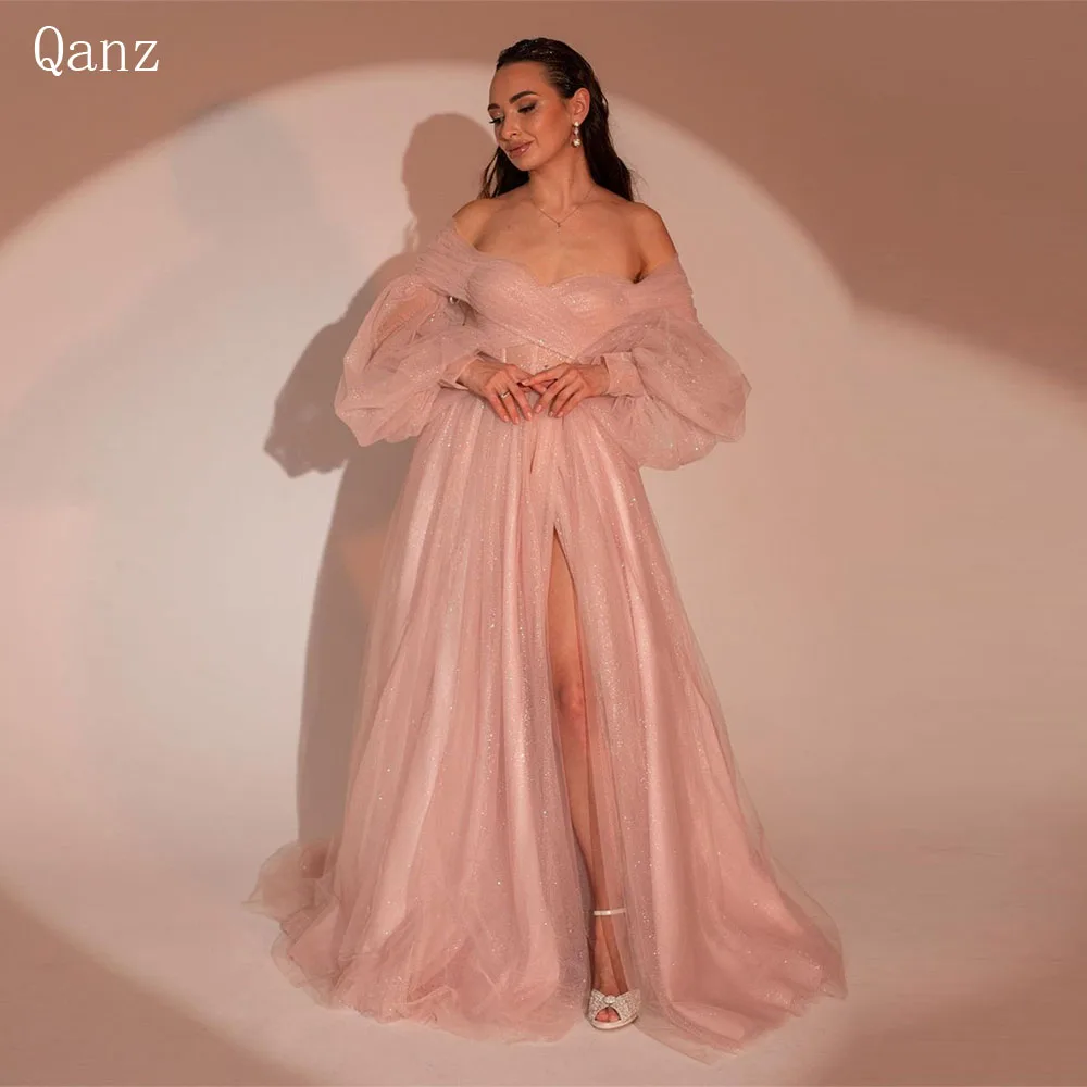 

Qanz Sparkle Princess Evening Dress Blush Pink Tulle Off The Shoulder High Slit Robes De Soirée Glitter Floor Length Party Gows