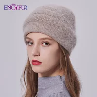 ENJOYFUR Women Winter Hats Warm Fluffy Angora Rabbit Fur Knit Hat Female Fashion Thick Double Layer Casual Bonnet Skull Cap 1