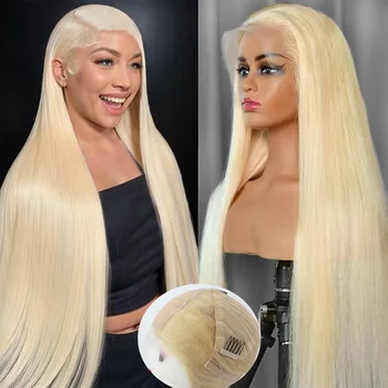 Parrucche di Capelli Umani ad Alta Densità Bionde # Parrucca 613 in Capelli Umani Lisci con Top in Seta e Frontale in Pizzo, Parrucche Brasiliane per Donne