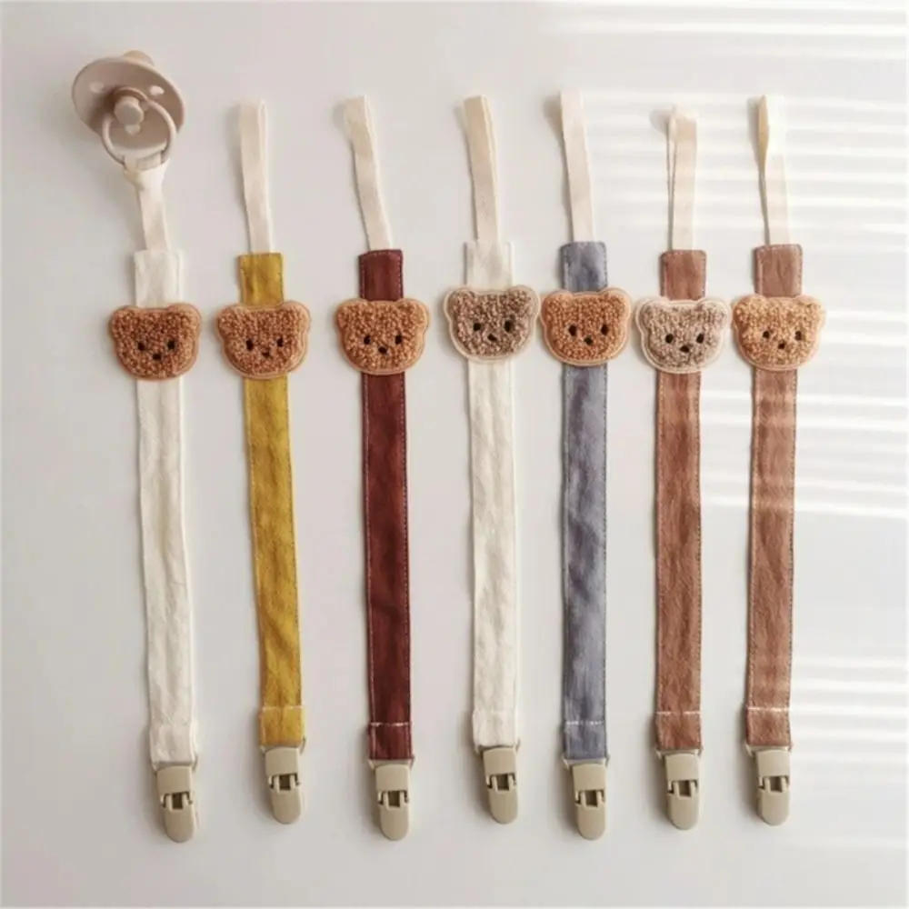 Anti-lost Embroidery Baby Cloth Pacifier Chain Lattice Bear Soother Holder Dummy Clips Adjustable Nipple Holder Clips Toddler