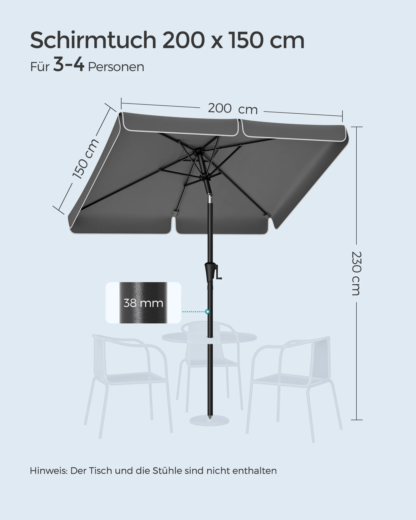 SONGMICS Parasol 200 X 150 Cm, Rectangular Balcony Parasol, Sun Protection UPF 50+, Can Be Bent 30u00b0 On Both Sides, For Garden, Terrace, Without Stand, Beige GPU048M01