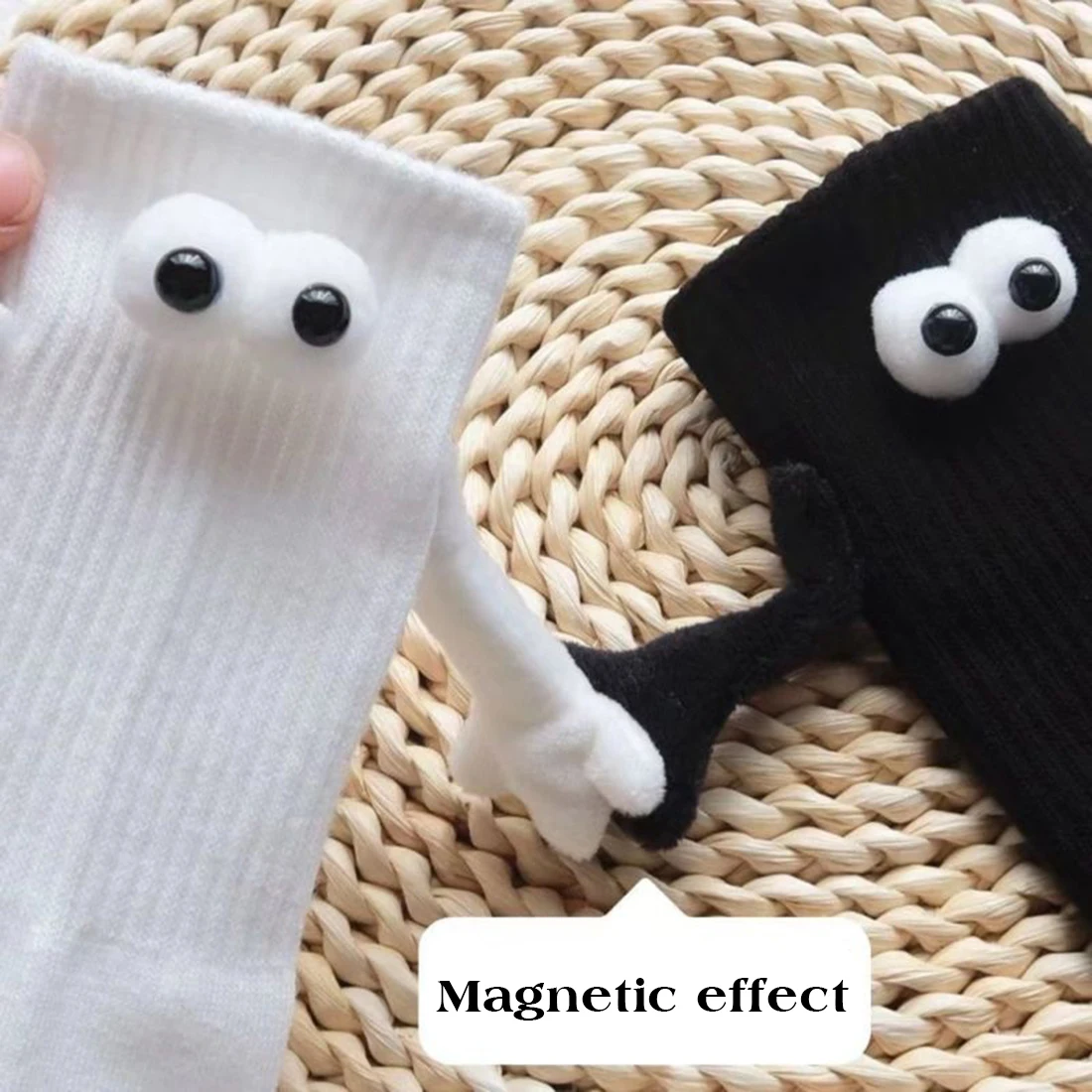 Magnetic Socks with Hands Women Men Fashion Black White Funny Cute Cartoon Eyes Couple Mid-tube Socks for Gifts