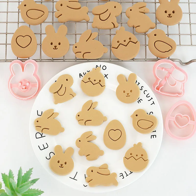 Cookies Cutter Rabbit Egg Dough Stamp Plastic 3D Bunny Cartoon Pressable Biscuit Mold Easter Kitchen Baking Pastry Bakeware 8Pcs