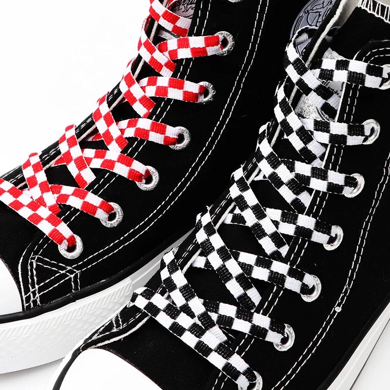 Pair Checkered Grid Shoelaces for Shoes Flat Black and White
