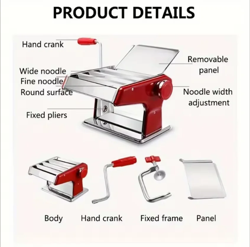 Manual Pasta Maker Machine with 6 Adjustable Thickness Settings-Hand Crank, Double Cutter Roller for Spaghetti Fettuccine Nood