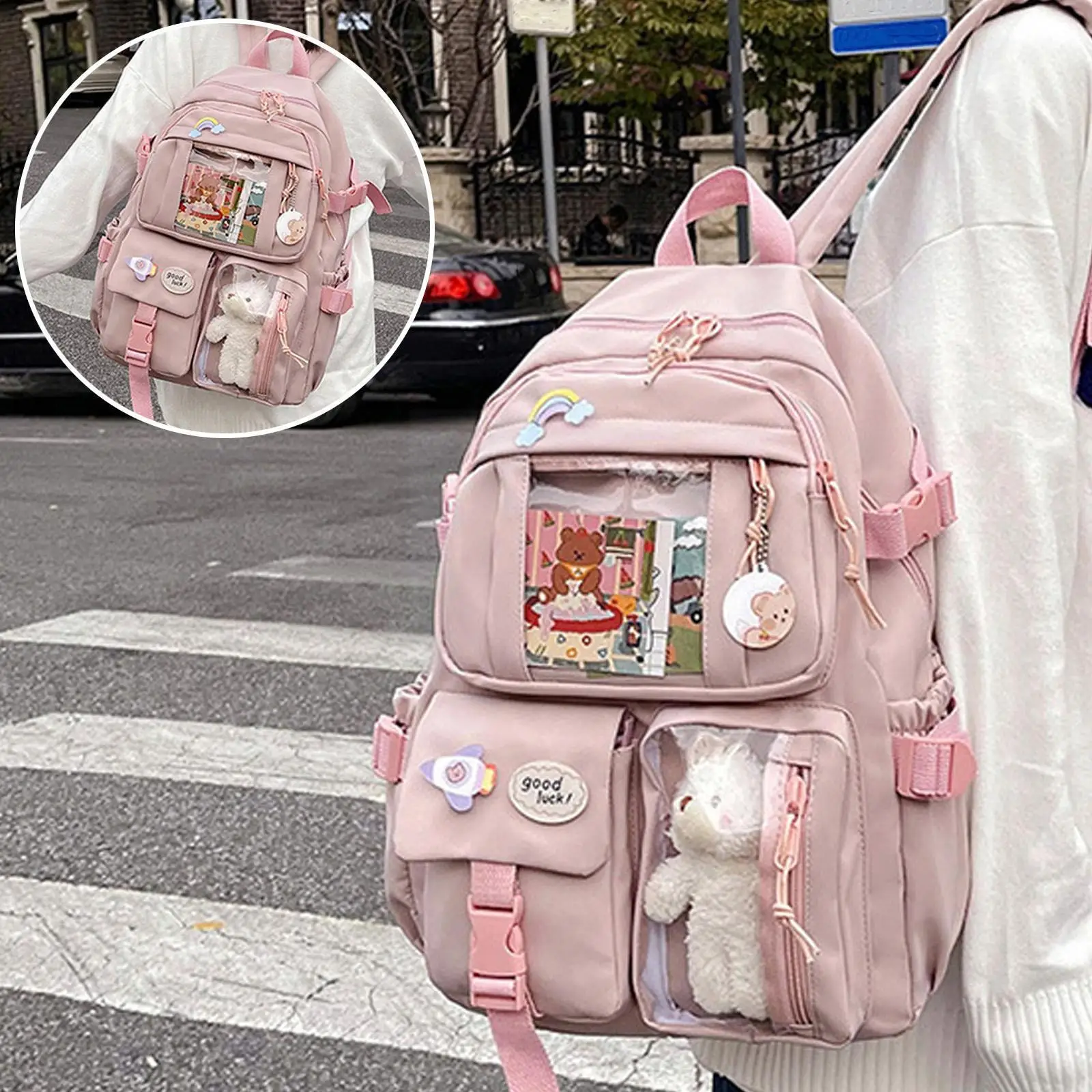 

Рюкзак Kawaii, водонепроницаемый нейлоновый школьный рюкзак с несколькими карманами для девочек, милый школьный рюкзак для ноутбука, модель B8Y1